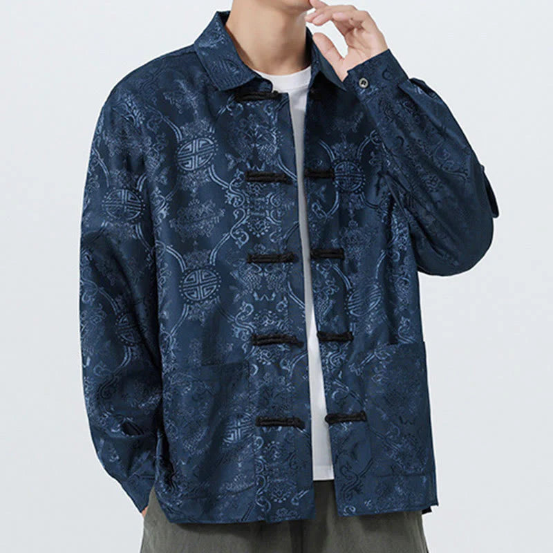Buddha Stones Spring Jacquard Lapel Long Sleeve Men's Tang Suit Frog-Button Jacket With Pockets