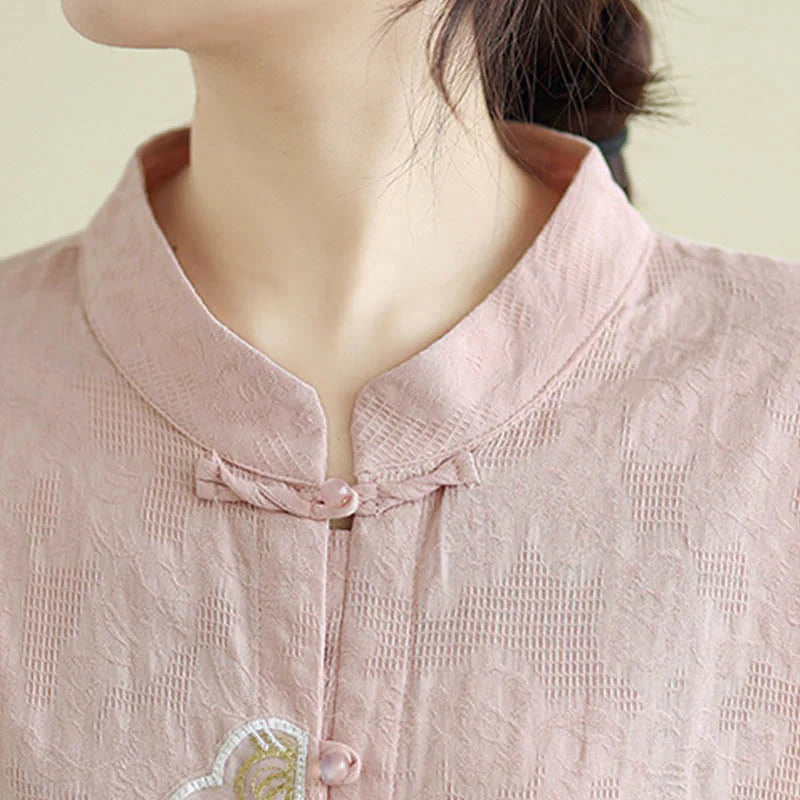 Buddha Stones Flower Embroidery Jacquard Three Quarter Sleeve Frog-Button Cotton Women's Shirt