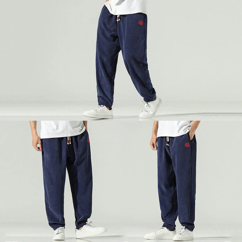 Buddha Stones Fall Plain Corduroy Embroidery Design Men's Harem Pants With Pockets