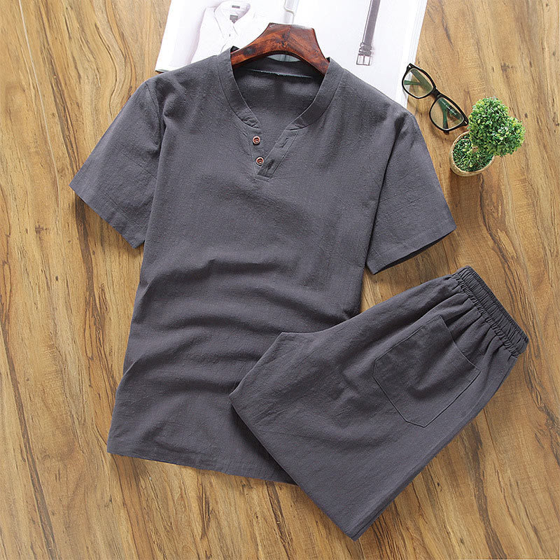 Buddha Stones Casual 2Pcs Plain Sleeve T-Shirt Shorts With Pockets Cotton Linen Men's Meditation Cloth Set