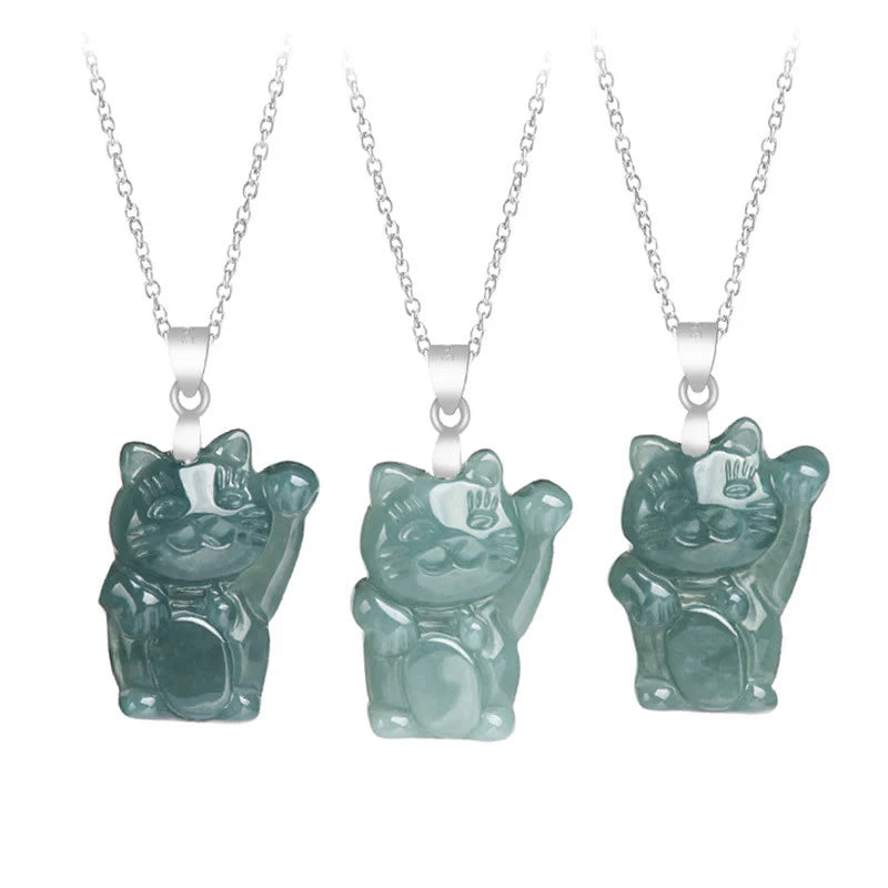 Buddha Stones Natural Jade Lucky Cat Abundance Titanium Steel Necklace Pendant