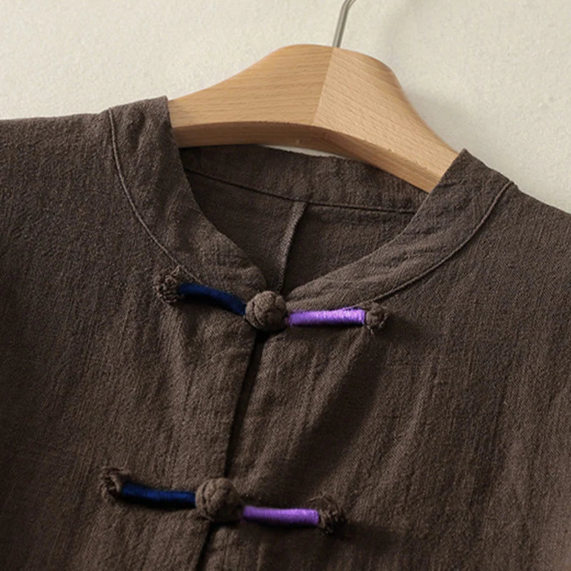 Buddha Stones Plain Chinese Frog-Button Long Sleeve Women's Cotton Linen Zen Clothing Shirt
