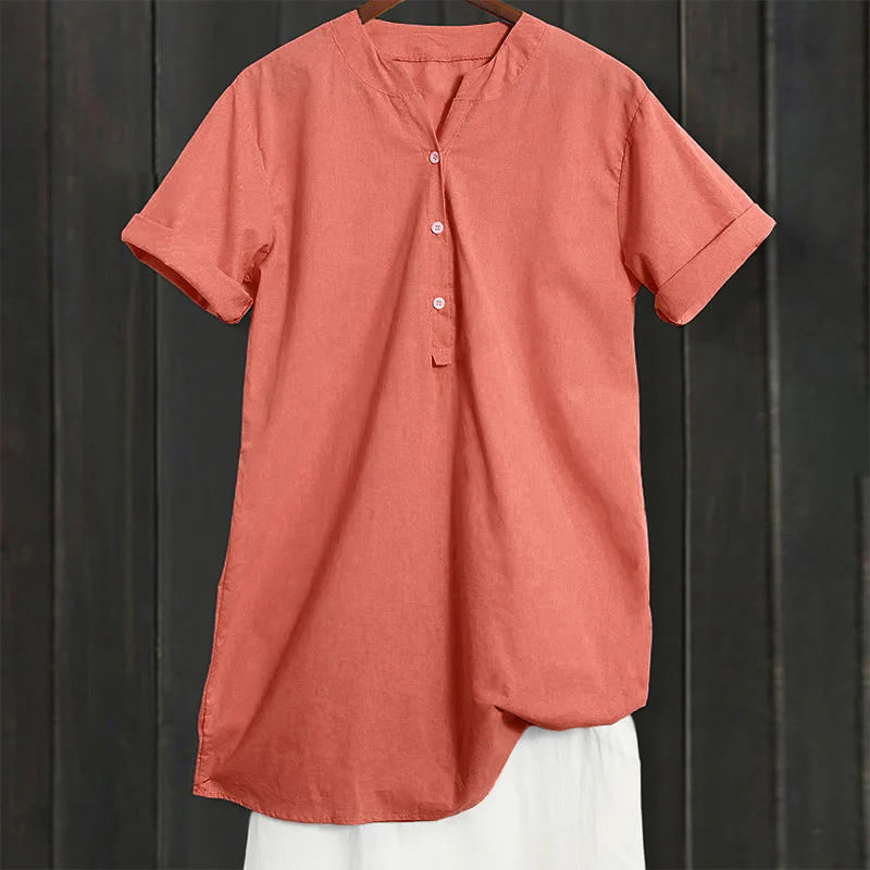 Buddha Stones Casual Plain Button Notched Collar Women's Short Sleeve Shirt