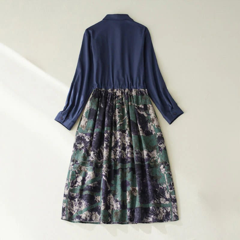 Buddha Stones Fall Printed Patchwork Design Drawstring Long Sleeve Linen Midi Dress With Pockets