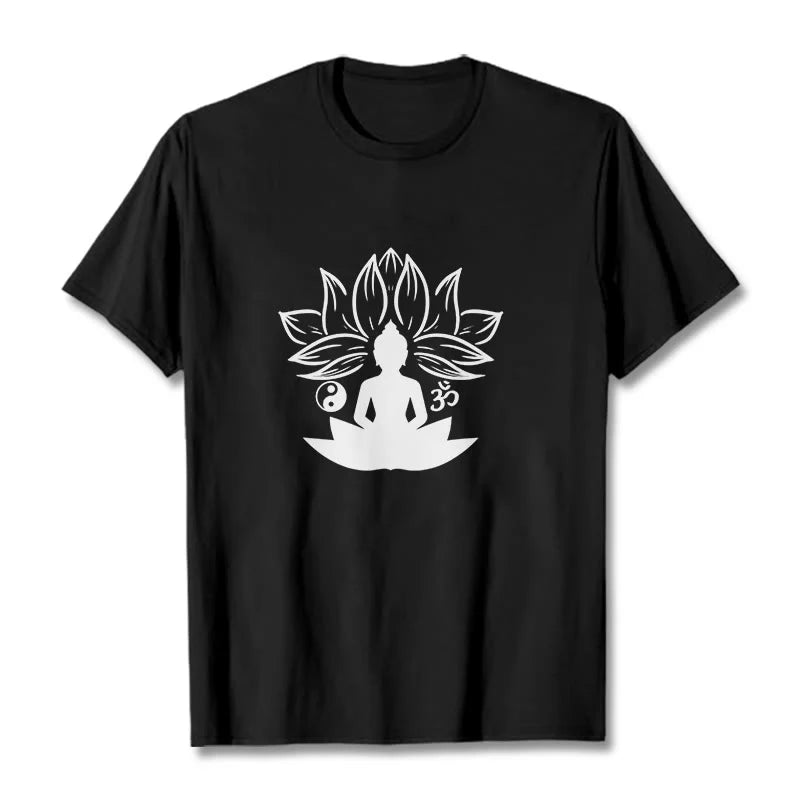 Buddha Stones Om Yin Yang Buddha Statue Sitting Lotus Meditation Tee T-shirt