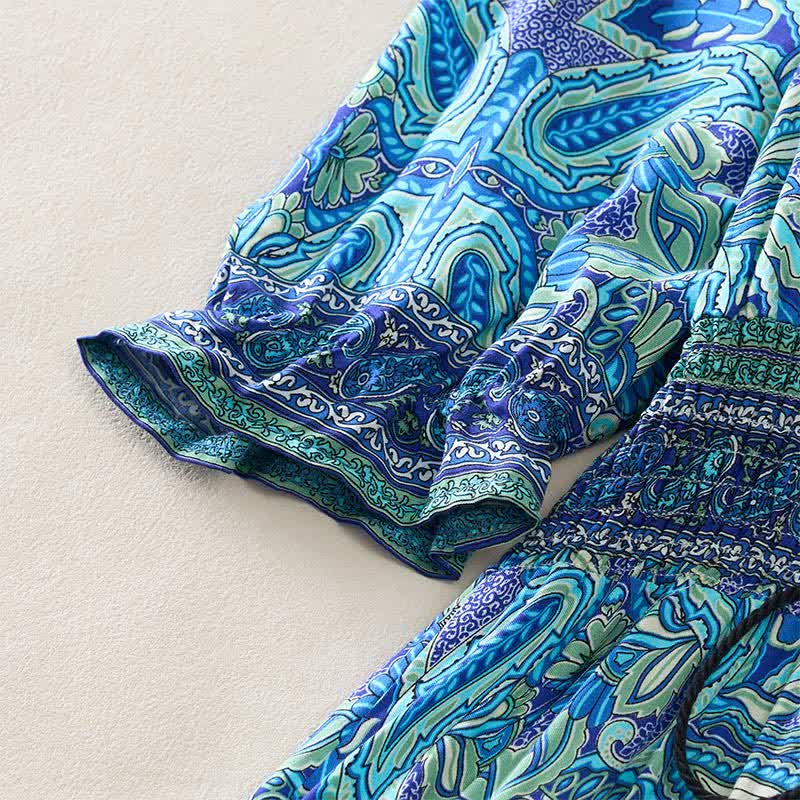 Buddha Stones Summer Peacock Paisley Tie Waist Viscose Lantern Sleeves Maxi Dress