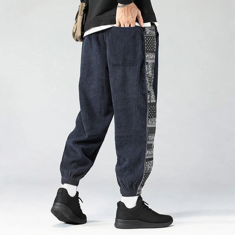 Buddha Stones Fall Solid Drawstring Side Paisley Pattern Straight Leg Ankle-length Corduroy Men's Pants With Pockets