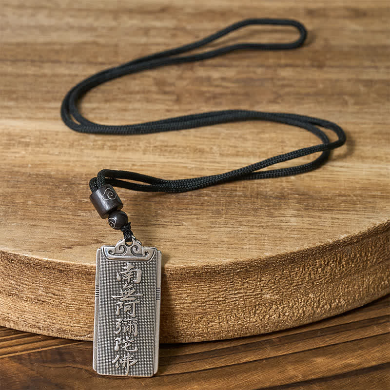 Buddha Stones Copper Plated With Silver Namo Amitabha Rope Luck Necklace Pendant