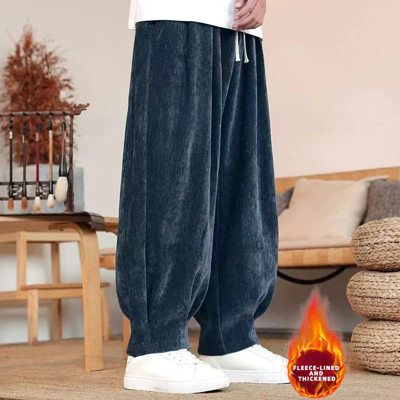 Buddha Stones Winter Pure Color Cotton Men's Harem Thickened Fleece-lined Pants With Pockets