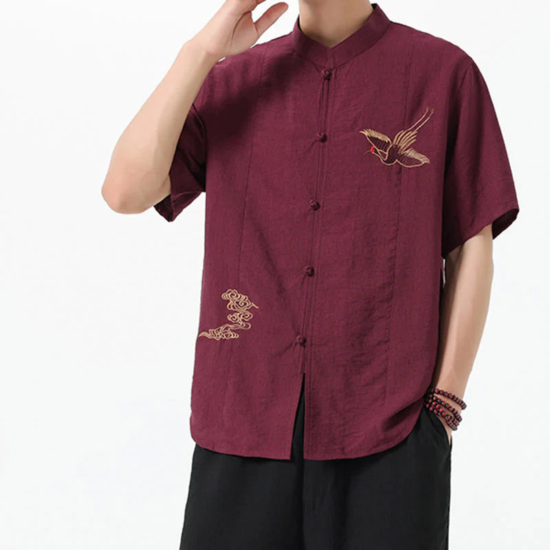 Buddha Stones Embroidery Buttons Half Sleeve Design Stand Collar Men's Cotton Shirt
