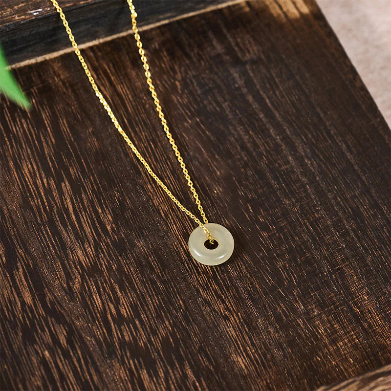 Buddha Stones Natural Green Jade Peace Buckle Prosperity Necklace Pendant