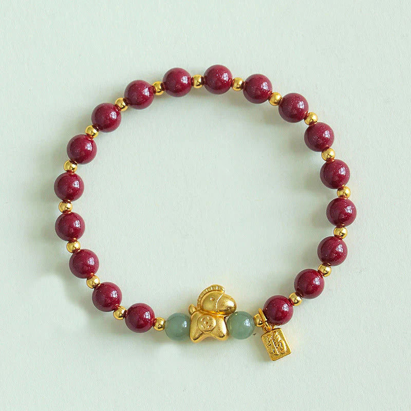 Buddha Stones Chinese Zodiac Year of the Horse Fu Character Cinnabar Hetian Jade Blessing Bracelet