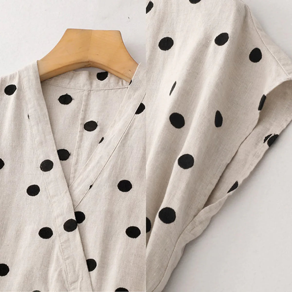 Buddha Stones Polka Dot V-Neck Lace-up Cotton Linen Women's Midi Dress With Pockets