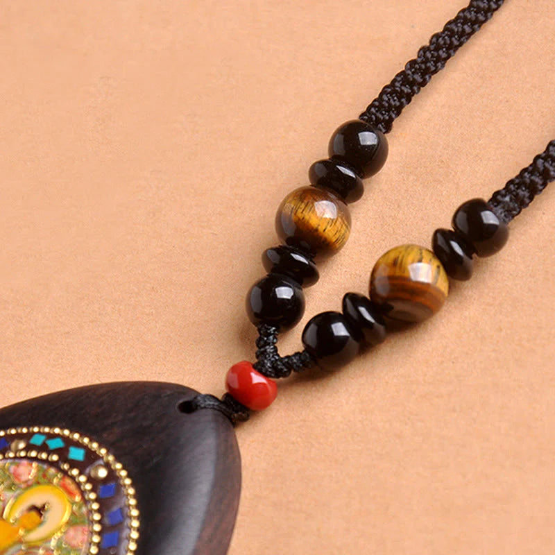 Buddha Stones Chinese Zodiac Natal Buddha Ebony Wood Tiger Eye Black Onyx Calm Necklace Pendants