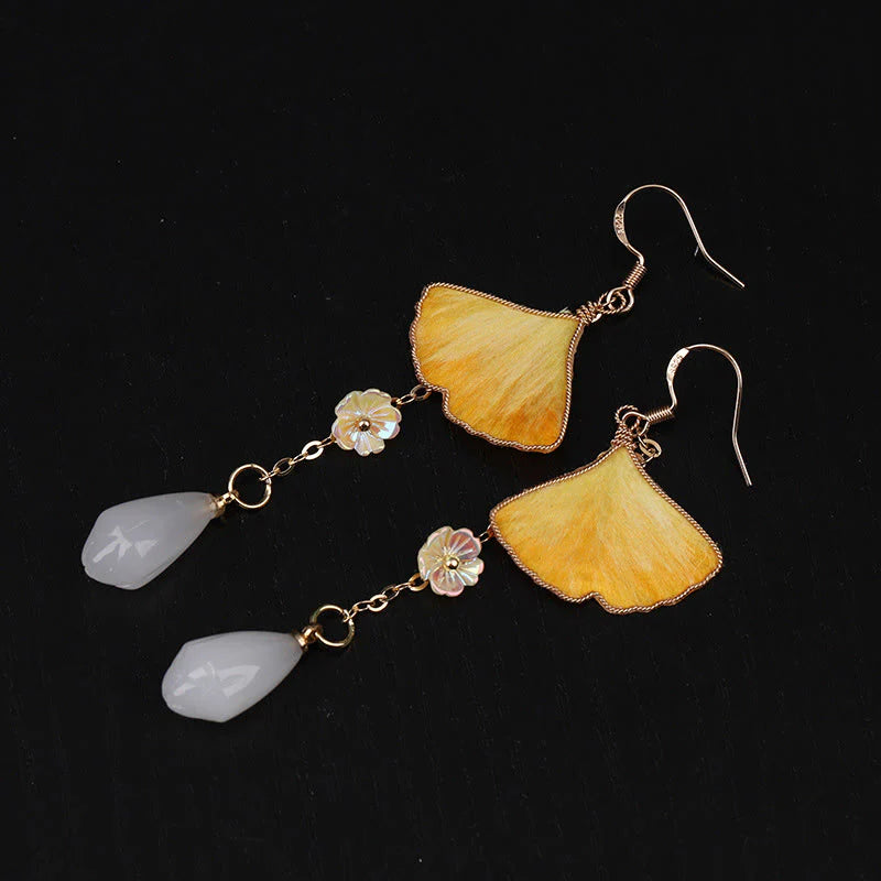 Buddha Stones Handmade Silk Craft Yellow Ginkgo Leaf Copper Hook Good Fortune Dangle Earrings