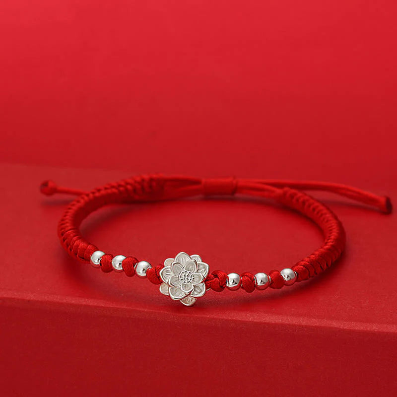 Buddha Stones 999 Sterling Silver Lotus Symbol 990 Sterling Silver Bead Red String Luck Bracelet