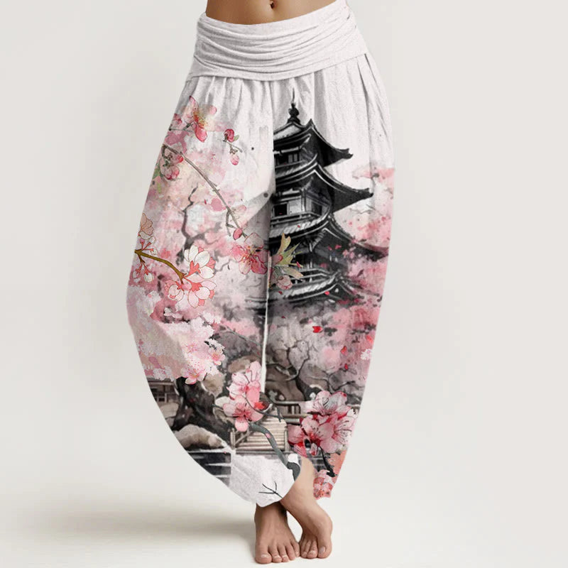 Buddha Stones Cotton Pavilion Cherry Blossom Pattern Women's Elastic Waist Harem Pants