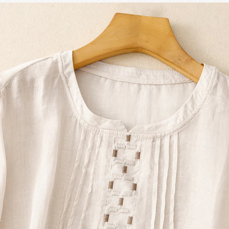 Buddha Stones Embroidery Crew Neck Pleats Women's Cotton Linen Half Sleeve T-shirt