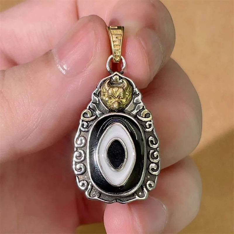 Buddha Stones Tibet Dzi Bead Garuda Pattern Copper Metal Wealth Necklace Pendant
