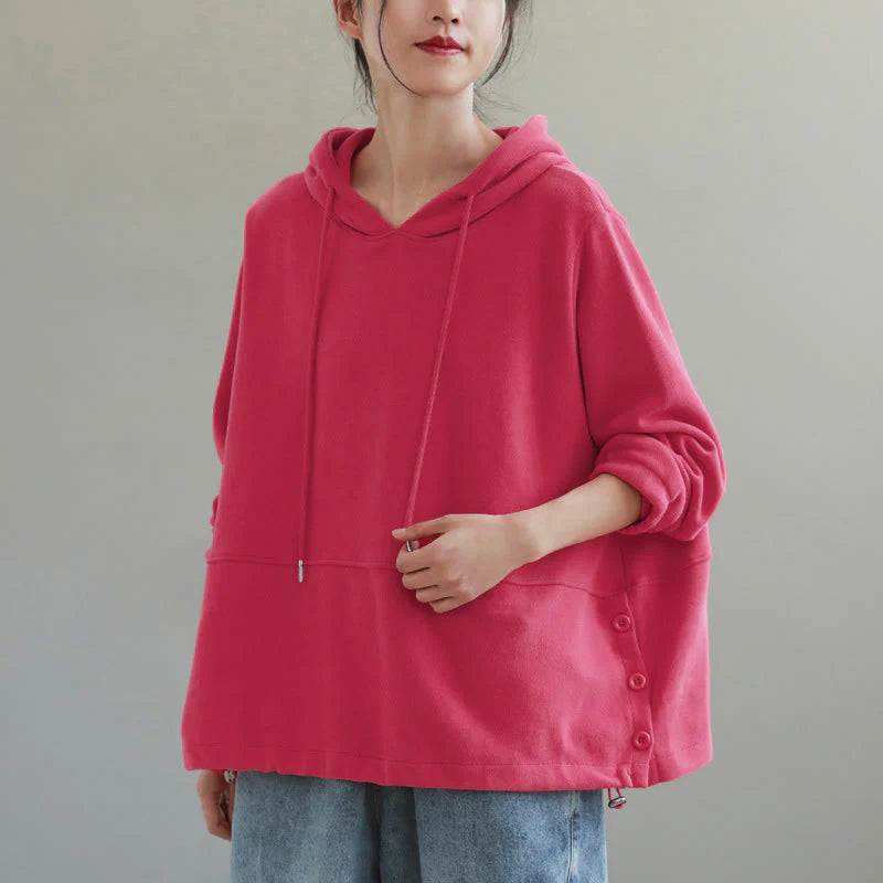 Buddha Stones Fall Solid Color Side Buttons Cotton Long Sleeve Women's Hoodie
