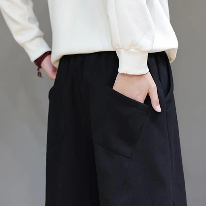 Buddha Stones Winter Solid Color Fleece-lined Men's Cotton Linen Pants With Pockets