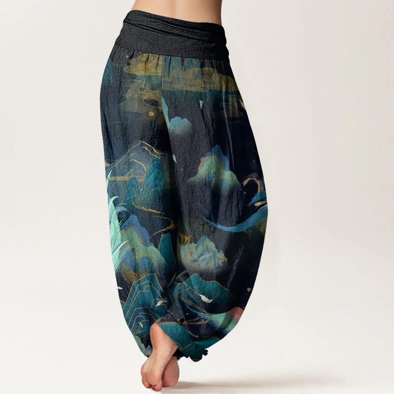 Buddha Stones Cotton Phoenix Mountain Cloud Pattern Women's Elastic Waist Harem Pants