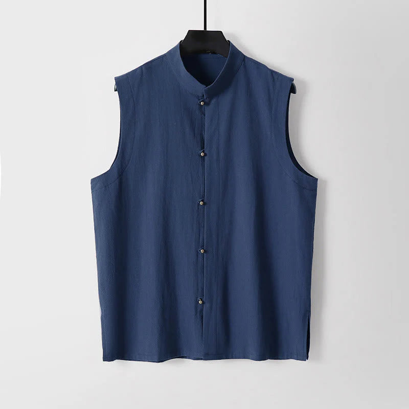 Buddha Stones Summer Solid Color Stand Collar Men's Cotton Linen Sleeveless Vest