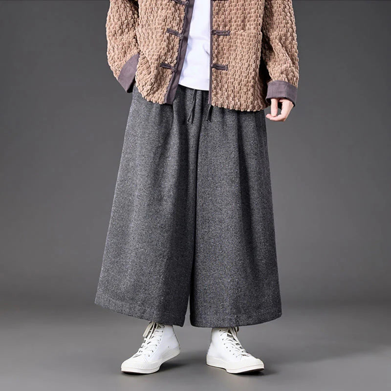Buddha Stones Winter Chinese Frog-Button Design Corduroy Thermal Men's Wide Leg Pants With Pockets