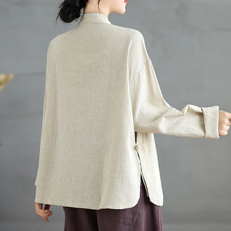 Buddha Stones Solid Color Frog-Button Long Sleeve Women's Shirt
