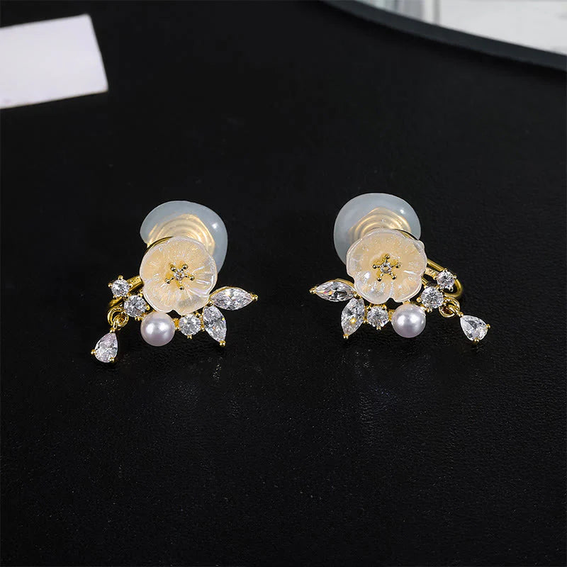Buddha Stones White Rose Flower Zircon Copper Luck Clip-on Stud Earrings