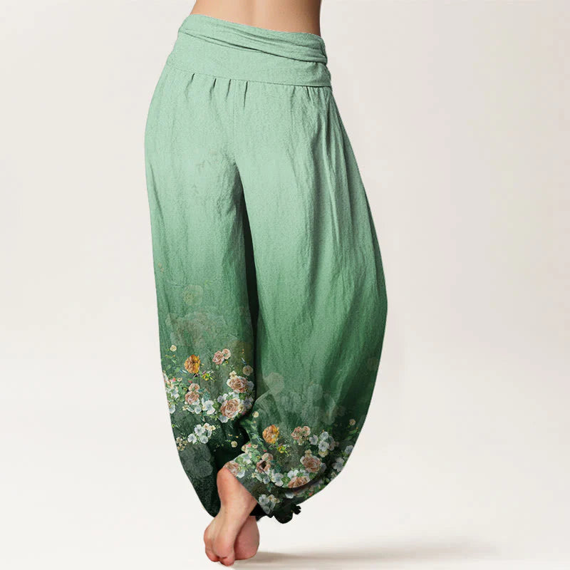 Buddha Stones Cotton Colorful Rose Flowers Design Women's Elastic Waist Harem Pants