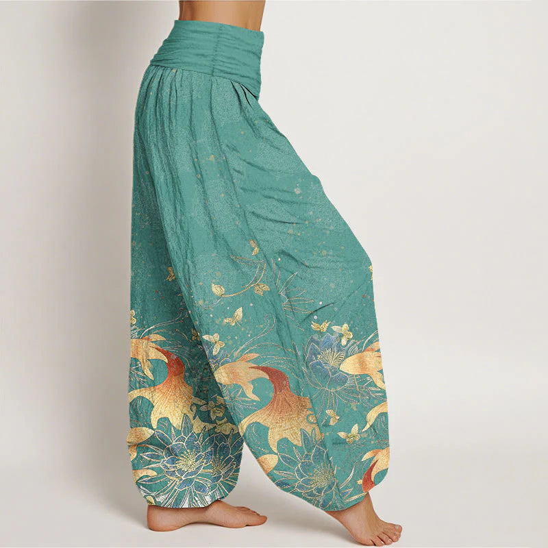 Buddha Stones Cotton Butterfly Koi Fish Lotus Pattern Women's Elastic Waist Harem Pants