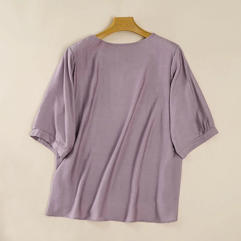 Buddha Stones Spring Boho Embroidered Cotton Linen Elbow-Length Sleeve Women's T-Shirts