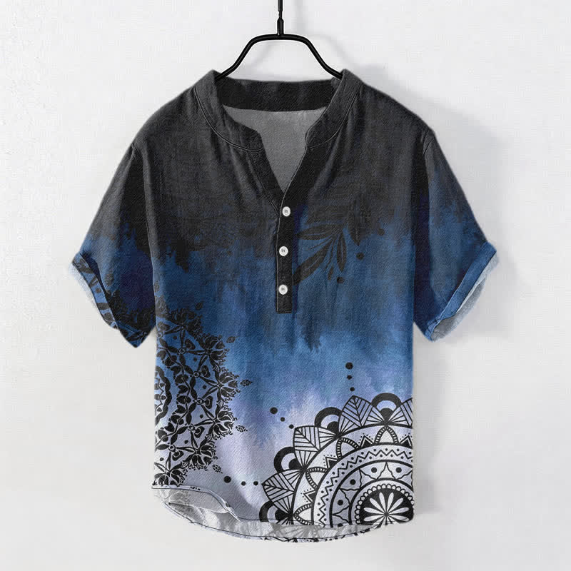 Buddha Stones Cotton Mandala Pattern Men's Short Sleeve Half Button Shirt