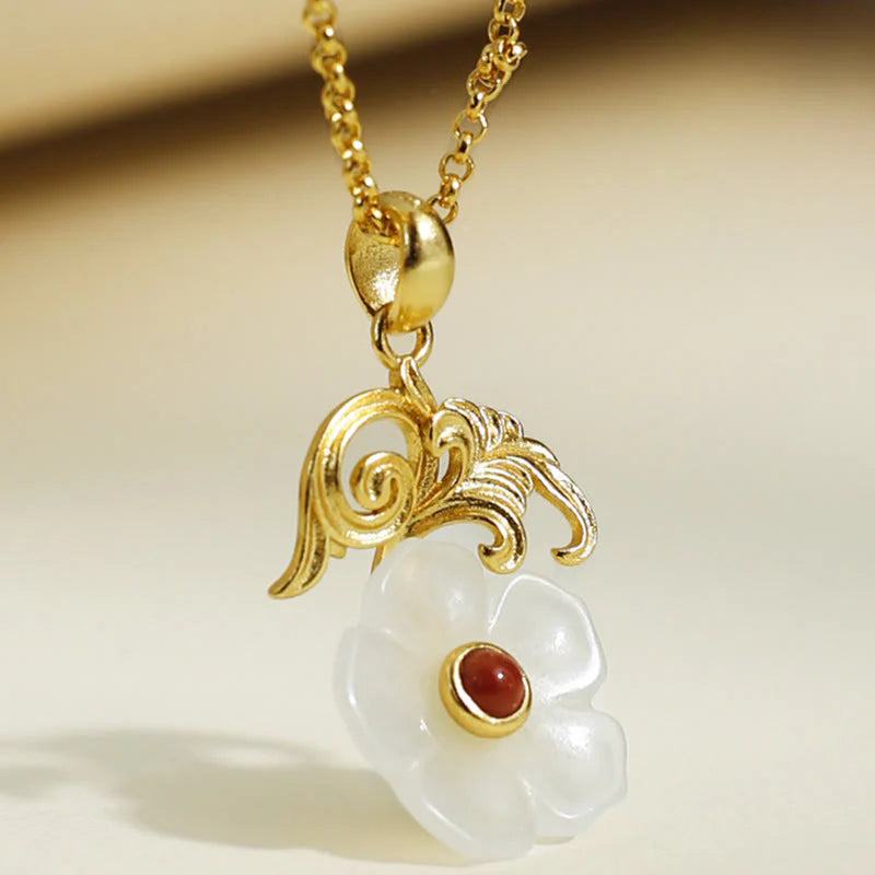 Buddha Stones Hetian Jade Flower 925 Sterling Silver Luck Necklace Pendant