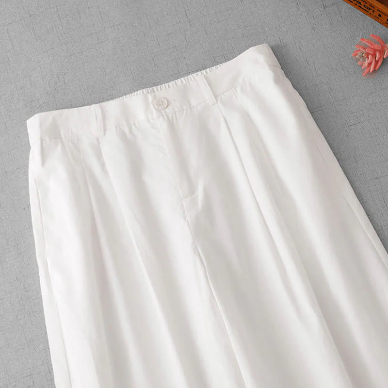 Buddha Stones Casual Plain High Waist Women's Polyester 7-8 Length Wide Leg Pants With Pockets