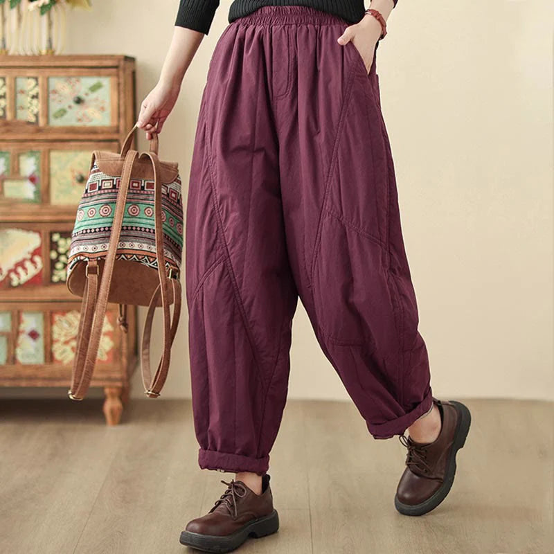 Buddha Stones Winter Plain High Waist Cotton Women's Harem Thermal Elastic Waist Pants With Pockets