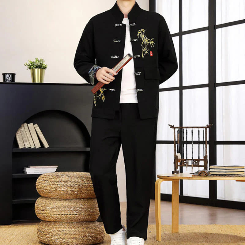 Buddha Stones 2Pcs Tang Suit Bamboo Frog-Button Men's Long Sleeve Shirt Pants Clothing Set