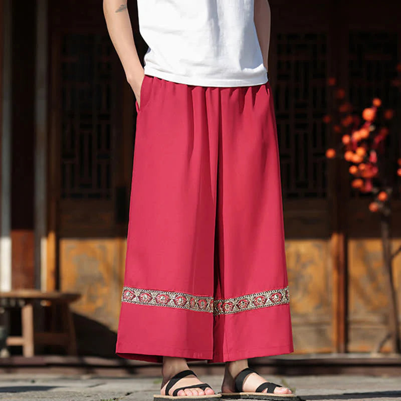 Buddha Stones Summer Cotton Embroidered Hem Elastic Waist Men's Cropped Wide Leg Pants With Pockets