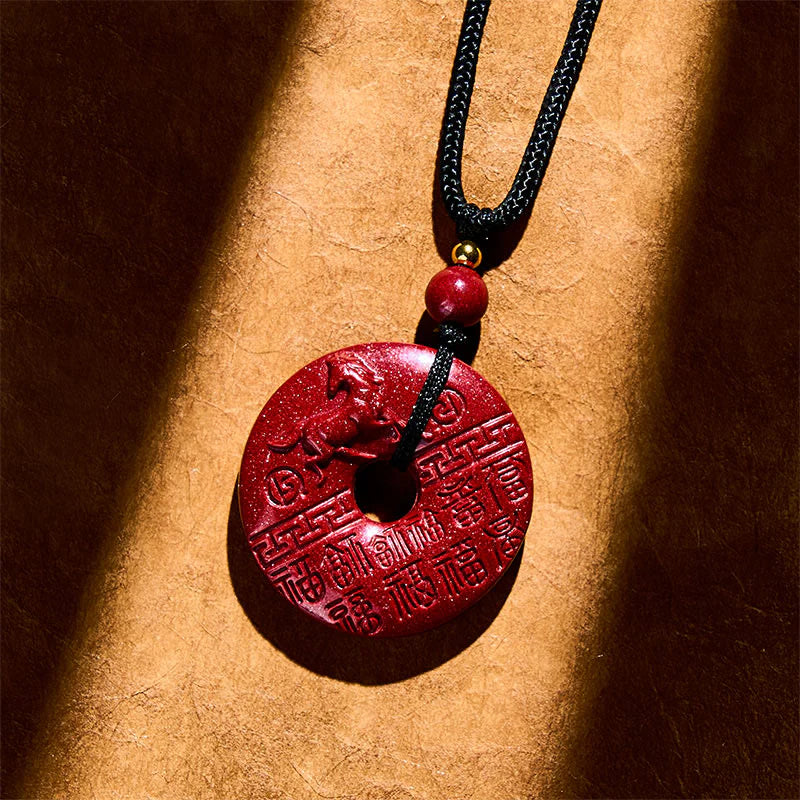 Buddha Stones Year Of The Horse Carved Fu Character Peace Buckle Design Cinnabar Blessing Auspicious Necklace Pendant