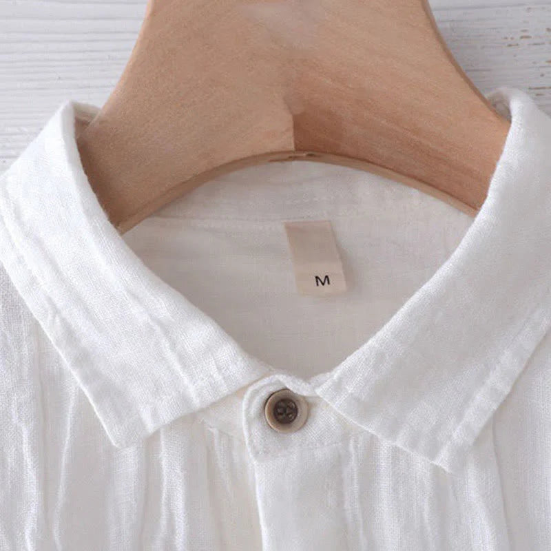 Buddha Stones Men's Shirt Solid Color Lapel Top Long Sleeve Comfy Button Crease Cotton Linen Shirt