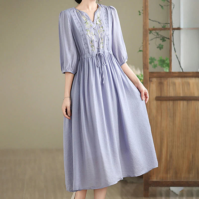 Buddha Stones Spring Floral Embroidery V Neck Tie Waist Elbow-Length Sleeve Women's Dress With Pockets