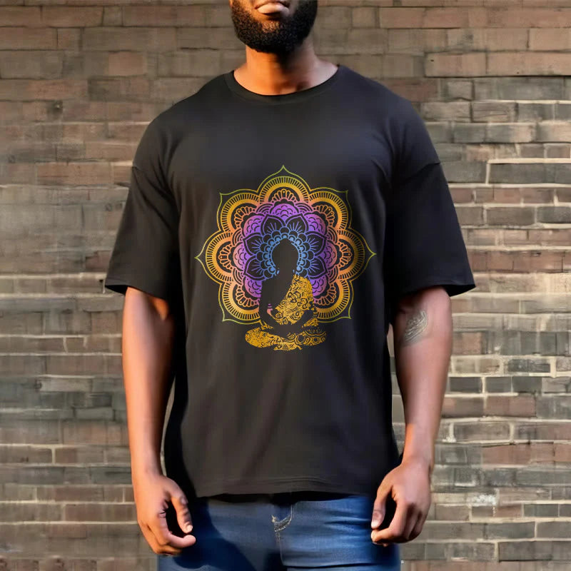 Buddha Stones Multicolor Mandala Flower Seated Buddha Pattern Tee T-shirt
