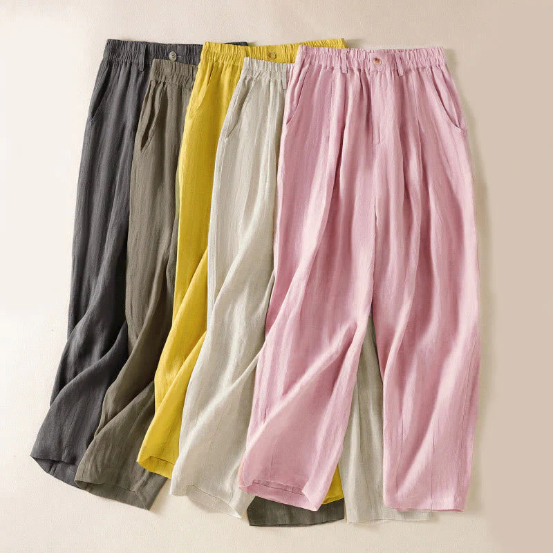 Buddha Stones Summer Button Zipper Ankle-Length Women's Pants With Pockets