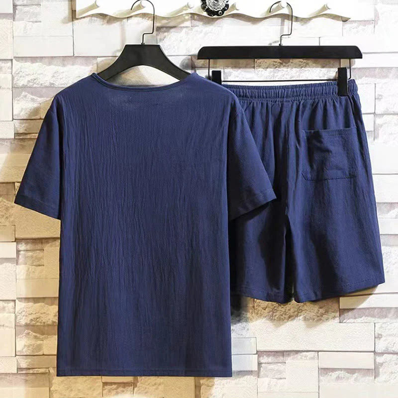Buddha Stones 2Pcs Short Sleeve T-Shirt Drawstring Short Pants With Pockets Men's Cotton Linen Meditation Cloth Set