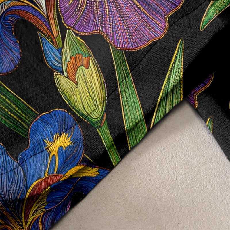 Buddha Stones Cotton Colorful Iris Floral Elastic Waist Drawstring Women's Pants With Pockets