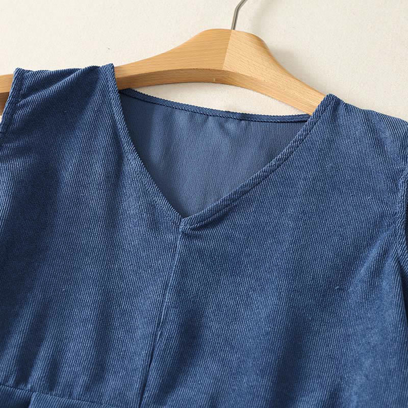 Buddha Stones Spring Retro DarkBlue Plain Sleeveless Midi Dress With Pockets