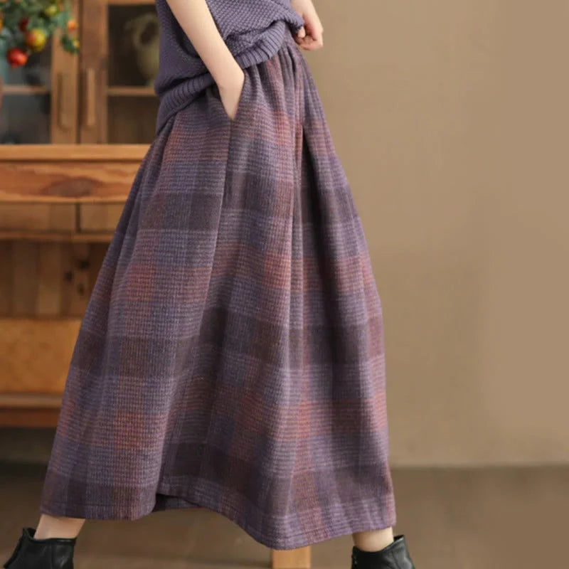 Buddha Stones Women's Winter Plaid Pattern Cotton Thermal 7-8 Length Skirt With Pockets