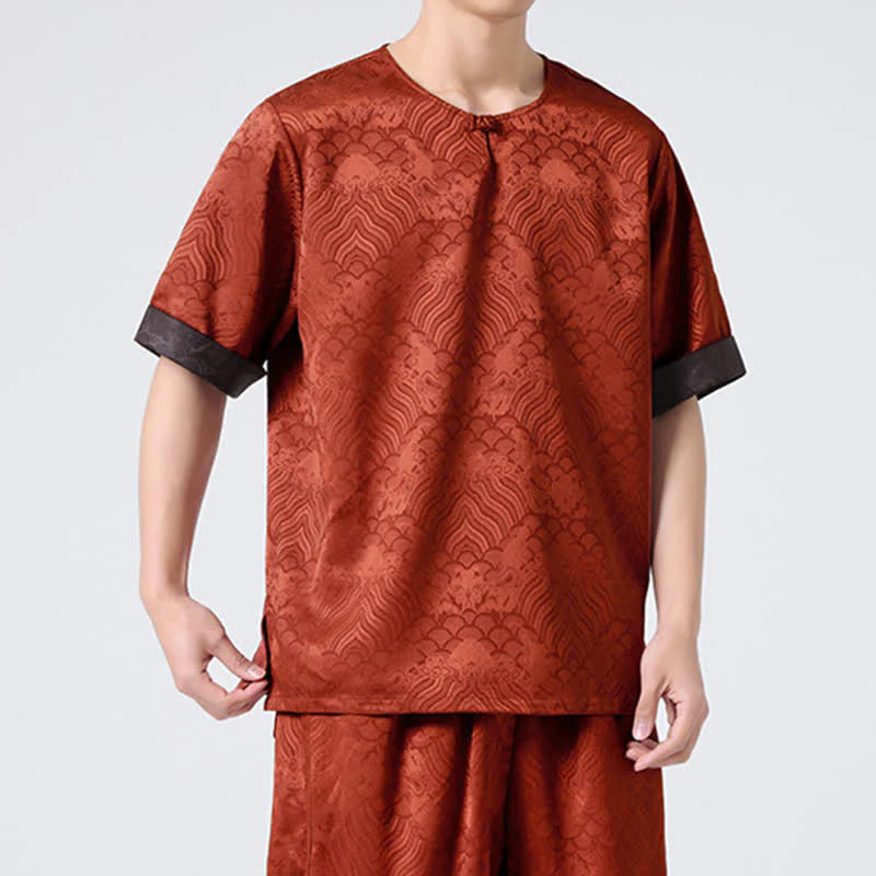 Buddha Stones Summer Retro Crackle Auspicious Cloud Pattern Short Sleeve Men's T-shirt