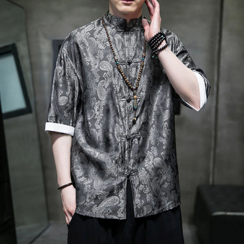 Buddha Stones Summer Cashew Flowers Pattern Men's Frog-Button Half Sleeve Shirts